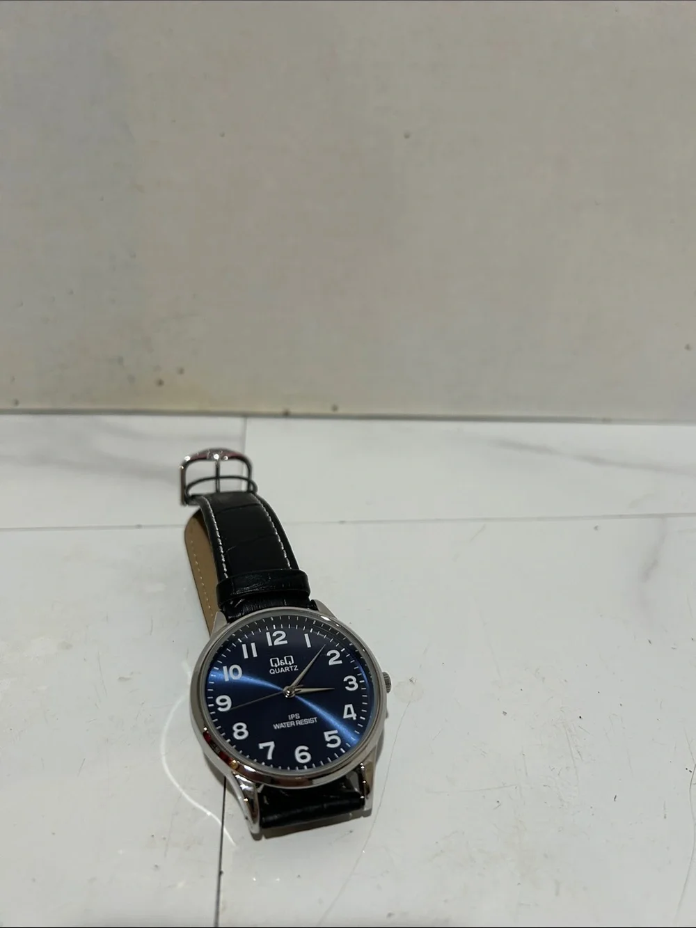 Citizen Q & Q water resistant Black Leather Strap Men’s Analog Watch new battery